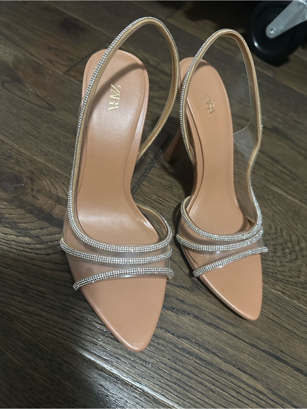 Zara Blush Nude Pointed Slingback Heels with Crystal Straps